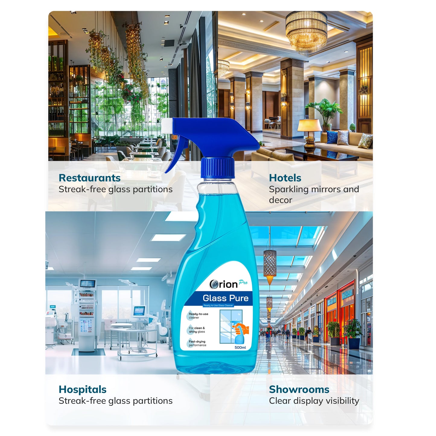 Orion Pro Glass Cleaner - 500ml | Suitable For Glass, Mirrors, Appliances Like Microwaves, Ceramic Tiles, Glazed Tiles, Granite