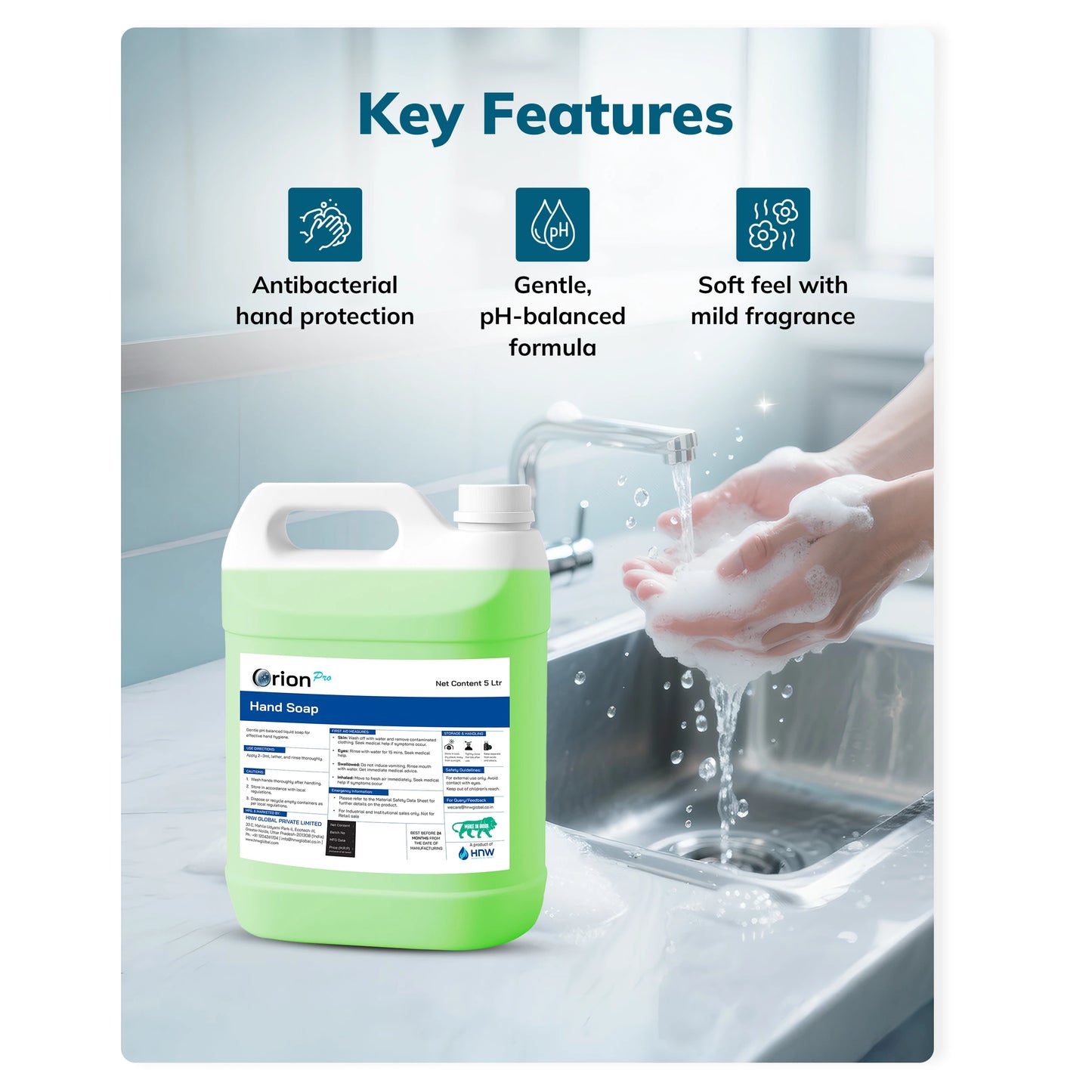 Orion Pro Hand Soap – 5 L | Handwash Liquid Refill Can| Antibacterial germ-protect | pH Balanced | Fragrance - Green Apple, Rose, Lemon, Lavender