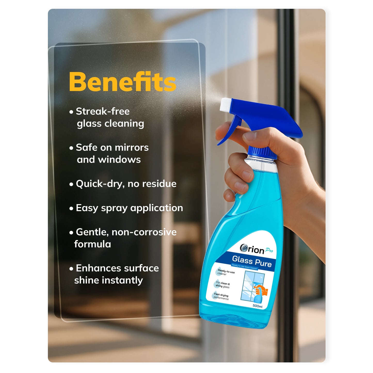 Orion Pro Glass Cleaner - 500ml | Suitable For Glass, Mirrors, Appliances Like Microwaves, Ceramic Tiles, Glazed Tiles, Granite