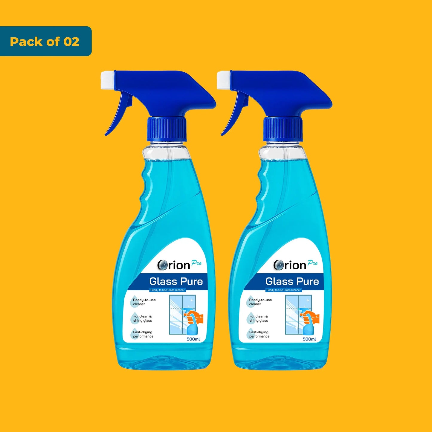 Orion Pro Glass Cleaner - 500ml (Pack of 2) | Suitable For Glass, Mirrors, Appliances Like Microwaves, Ceramic Tiles, Glazed Tiles, Granite