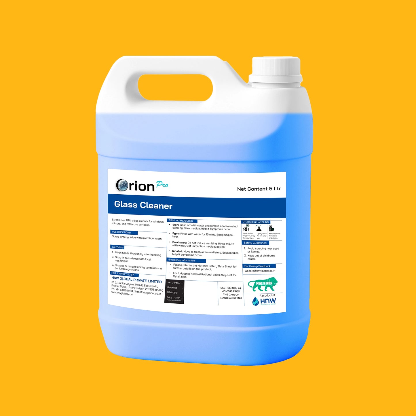 Orion Pro Glass Cleaner - 5 L | Suitable For Glass, Mirrors, Appliances Like Microwaves, Ceramic Tiles, Glazed Tiles, Granite