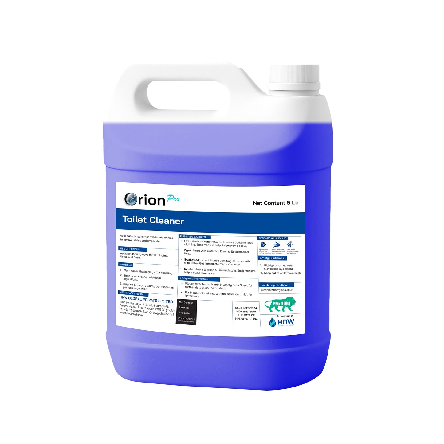 Orion Pro Toilet Cleaner – 5 Litre|Heavy-Duty Disinfecting Toilet & Urinal Cleaner for Professional and Home Hygiene