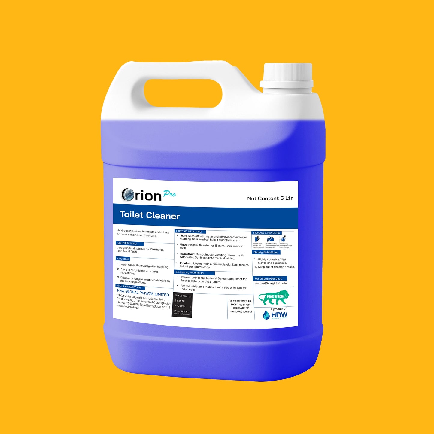 Orion Pro Toilet Cleaner – 5 Litre|Heavy-Duty Disinfecting Toilet & Urinal Cleaner for Professional and Home Hygiene
