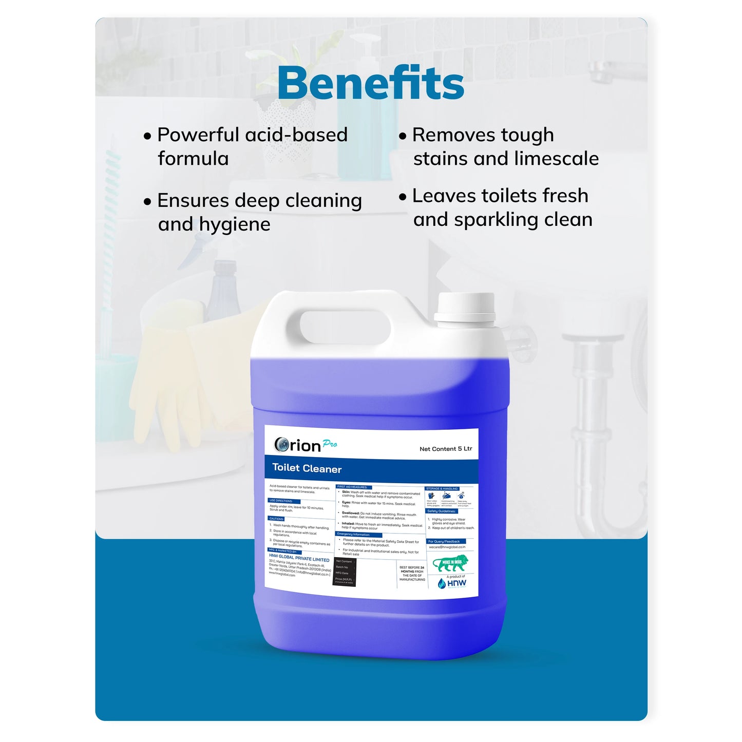 Orion Pro Toilet Cleaner – 5 Litre|Heavy-Duty Disinfecting Toilet & Urinal Cleaner for Professional and Home Hygiene