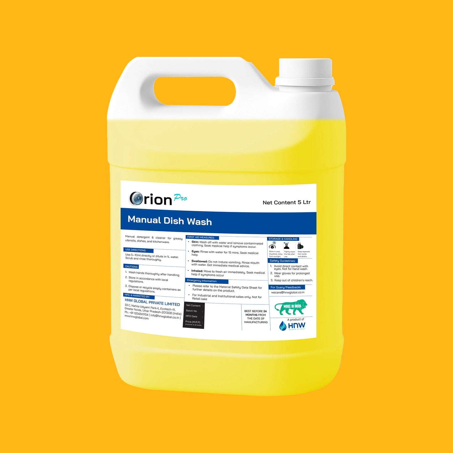 Orion Pro Manual Dishwash – 5 Litre | Concentrated Liquid Detergent