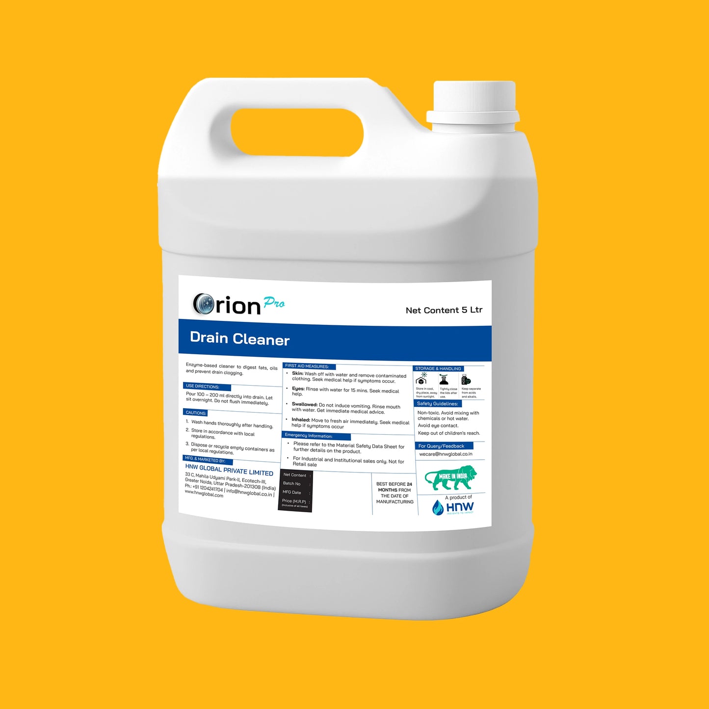 Orion Pro Drain Cleaner - 5 Litre | Enzyme-Based Drain Cleaner | Powerful Biological Formula for Grease Trap & Drain Maintenance