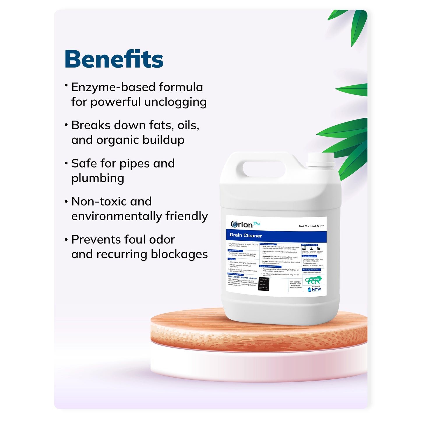 Orion Pro Drain Cleaner - 5 Litre | Enzyme-Based Drain Cleaner | Powerful Biological Formula for Grease Trap & Drain Maintenance